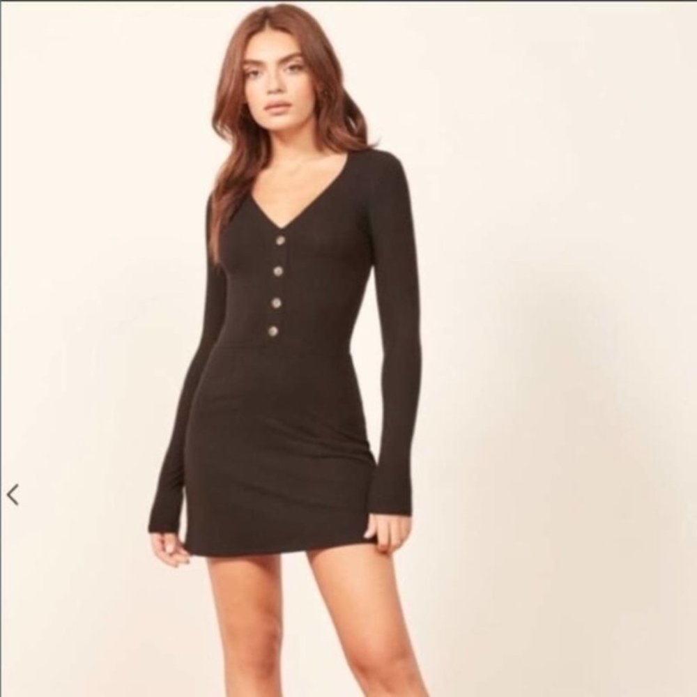 Reformation Marlene Black Ribbed Mini Dress Sz M